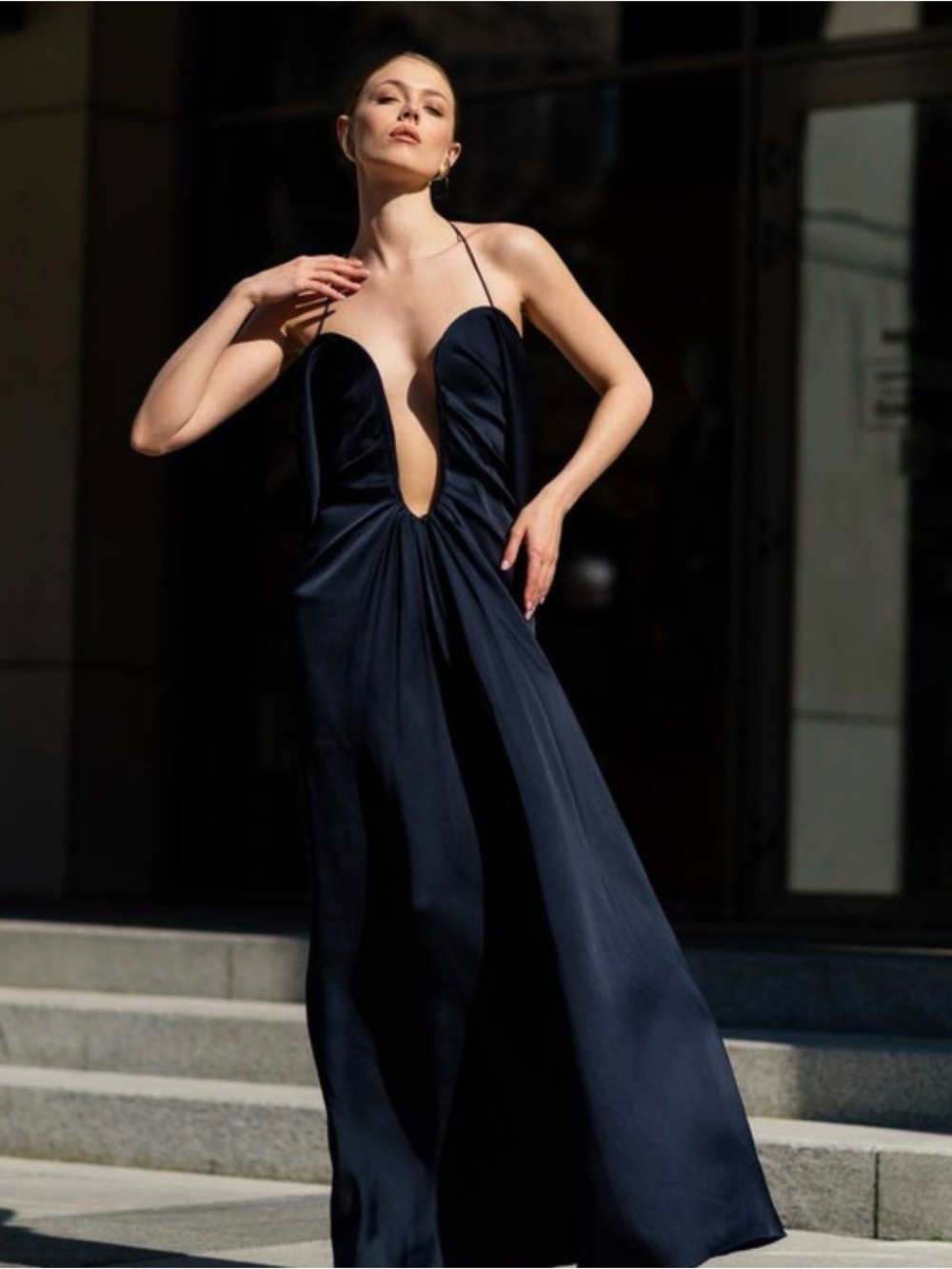 Victoria Beckham Navy Spaghetti Straps  Draped Evening Gown